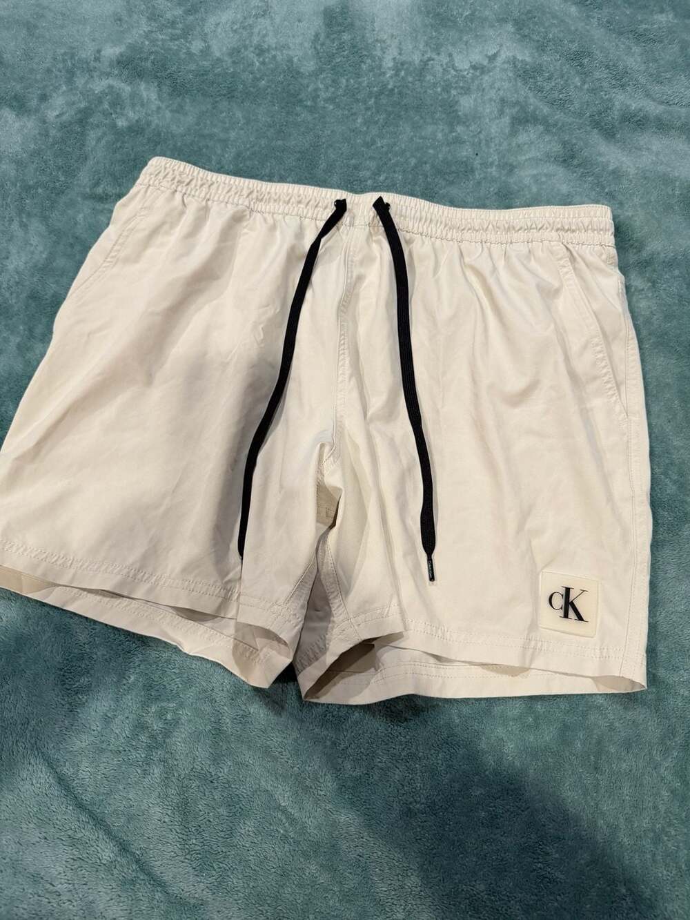 Calvin Klein Monogram Nylon Drawstring Swim Shorts in Beige